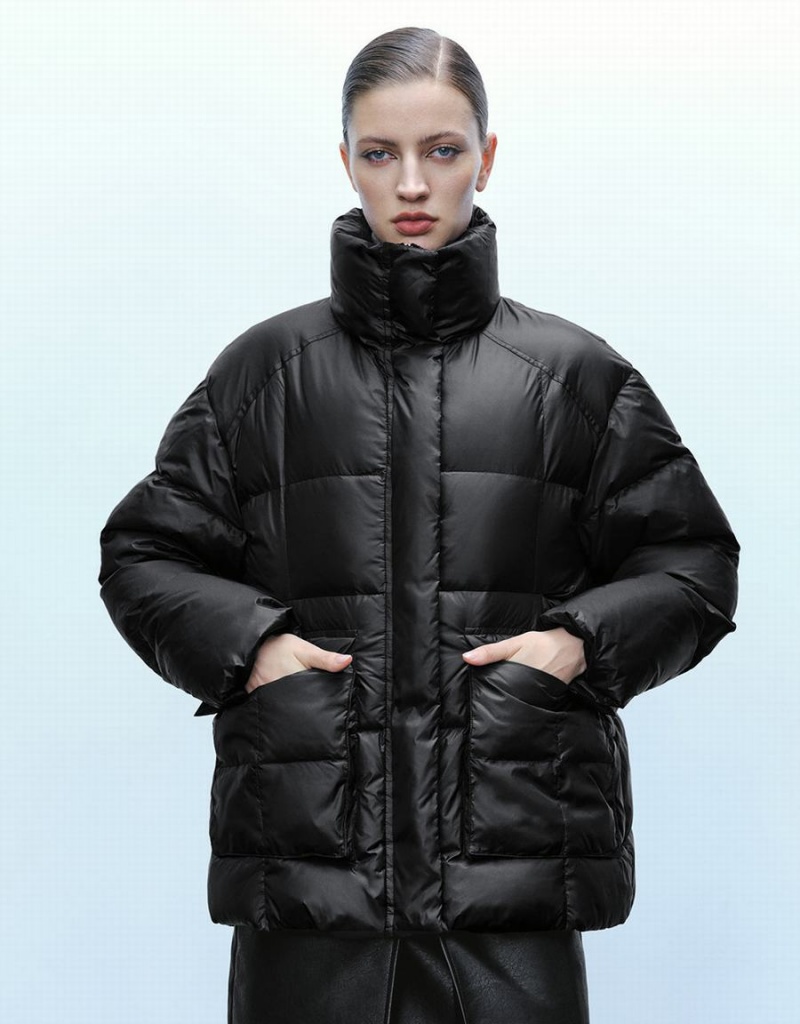 Black Women\'s Urban Revivo Stand Collar Puffer Jacket | QRV6638JV