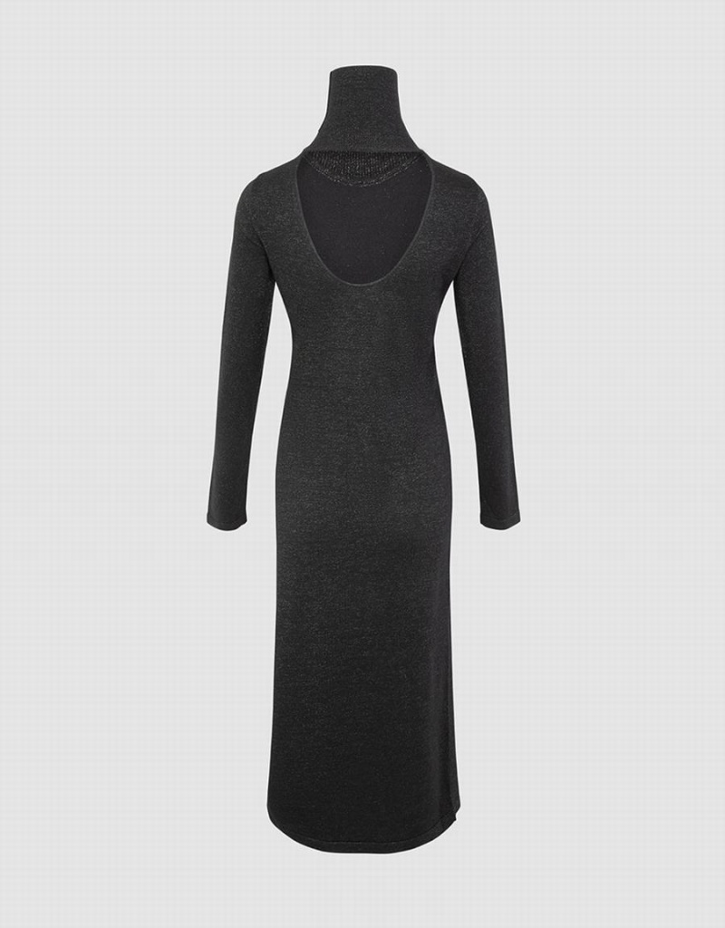 Black Women's Urban Revivo Stand Collar Split Knit Dress | IPA16100XT