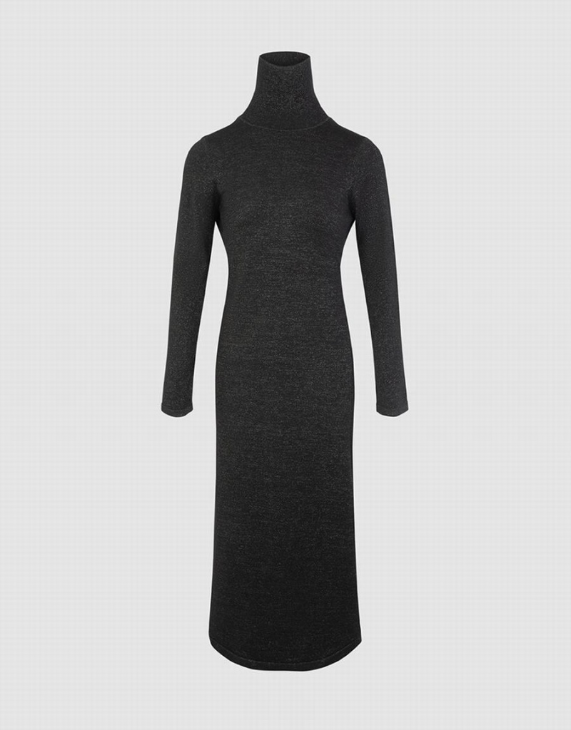 Black Women\'s Urban Revivo Stand Collar Split Knit Dress | IPA16100XT