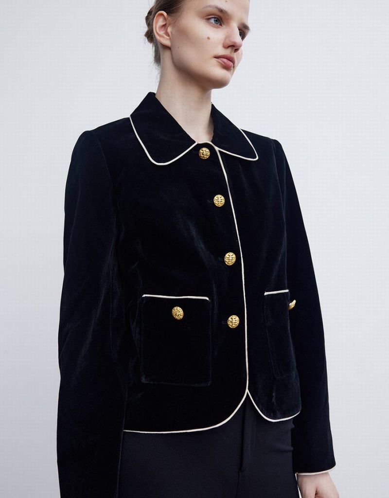 Black Women's Urban Revivo Straight With Collar Jackets | SME5353NI