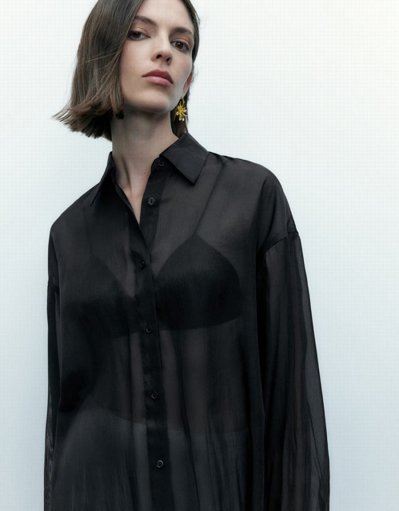 Black Women's Urban Revivo Thin Button Up Loose Shirts | LGD1068CI