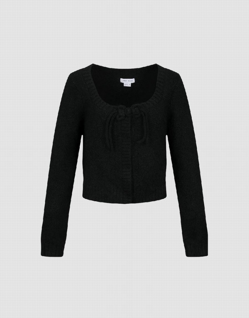 Black Women\'s Urban Revivo Tie Front Crew Neck Knitted Cardigan | XLB6866MW