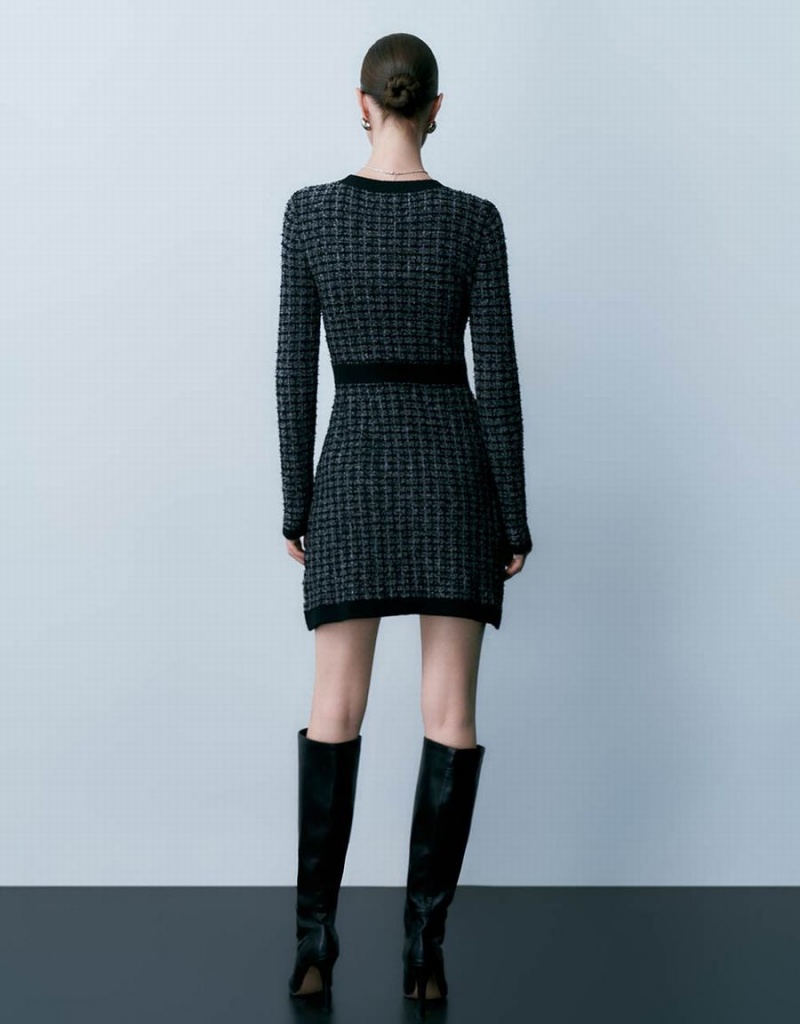 Black Women's Urban Revivo Tweed Crew Neck Knitted Dress | TLB9015VM