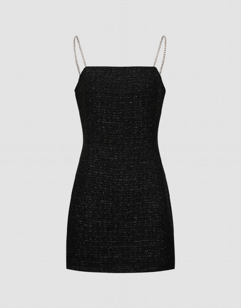 Black Women\'s Urban Revivo Tweed Off-Shoulder A-Line Cami Dress | EAF8024GW