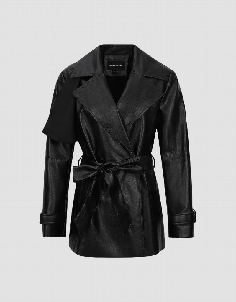 Black Women's Urban Revivo Vegan Leather With Belt Trench Coat | OGN738LB