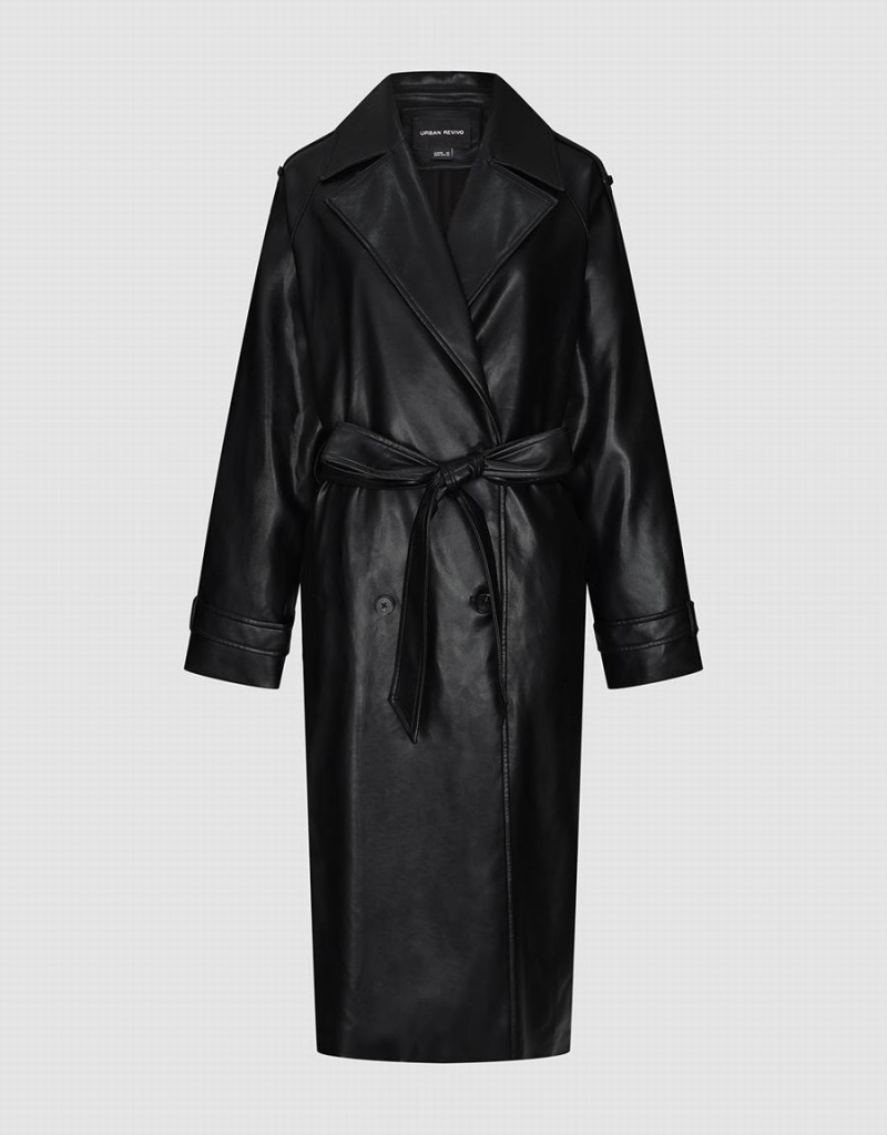 Black Women's Urban Revivo Vegan Leather With Belt Trench Coat | RCF8987IC