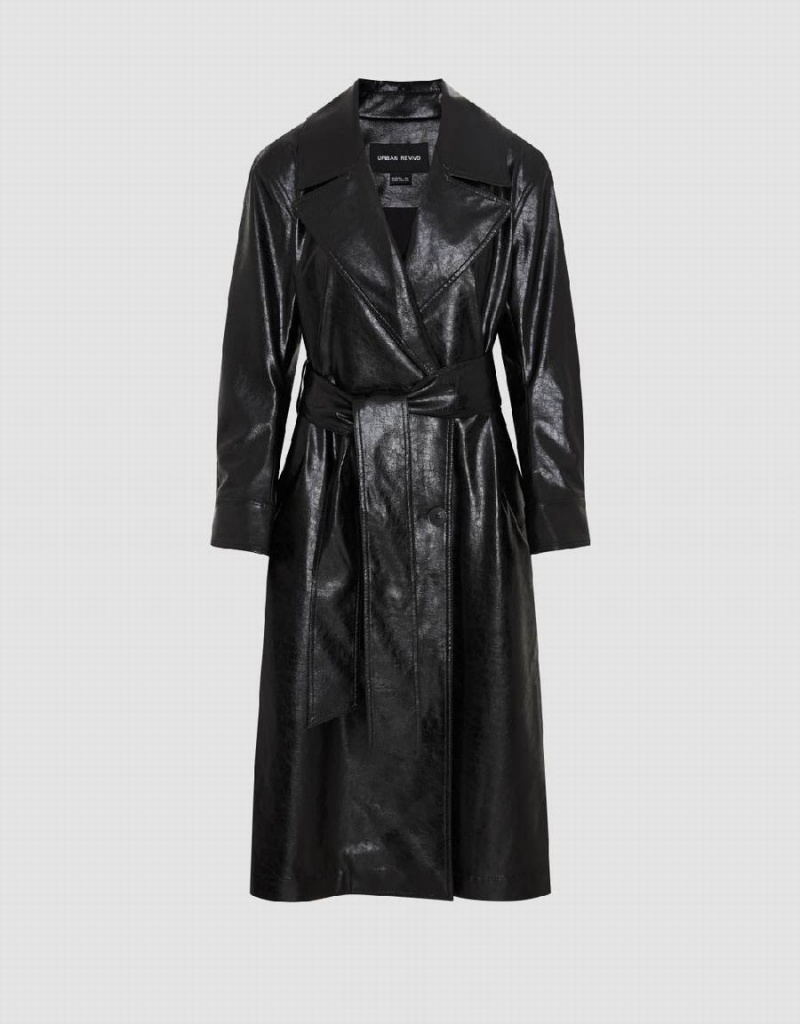 Black Women's Urban Revivo Vegan Leather Straight With Belt Coats | YKV5884SL