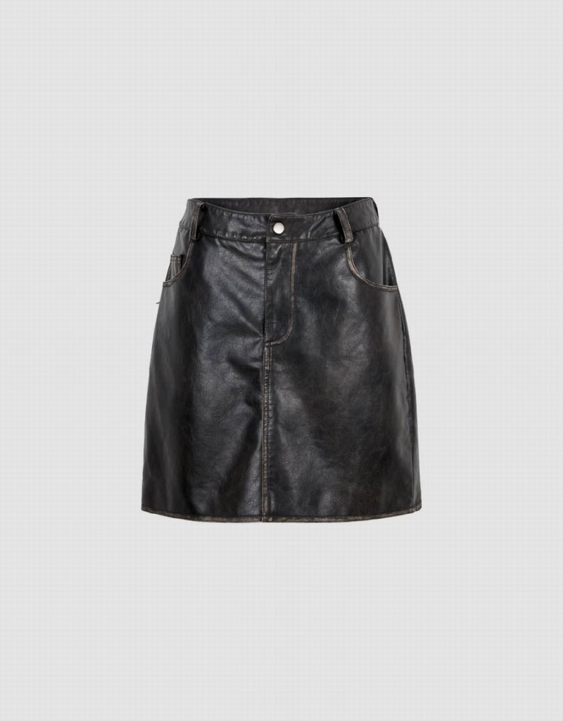 Black Women\'s Urban Revivo Vegan Leather Mini A-Line Skirts | OIQ4096EW