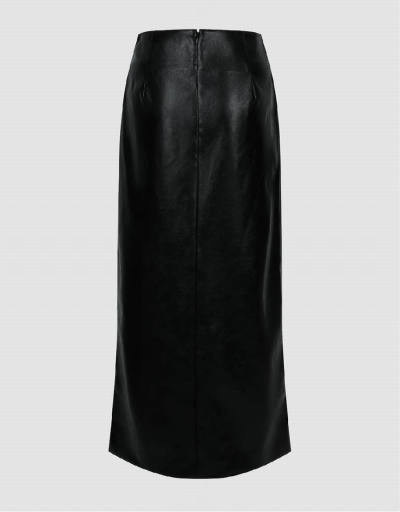 Black Women's Urban Revivo Vegan Leather Midi Straight Skirts | YME5870HG