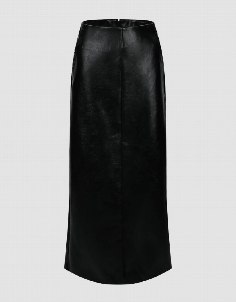 Black Women\'s Urban Revivo Vegan Leather Midi Straight Skirts | YME5870HG