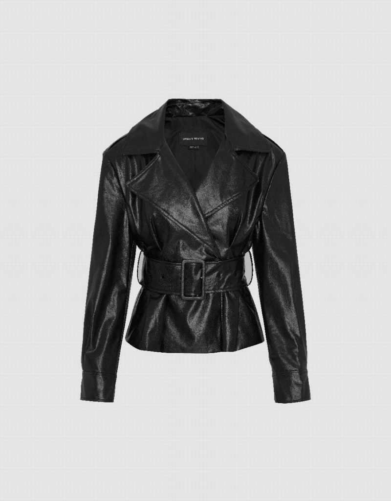 Black Women's Urban Revivo Vegan With Belt Leather Jackets | MDB931SX