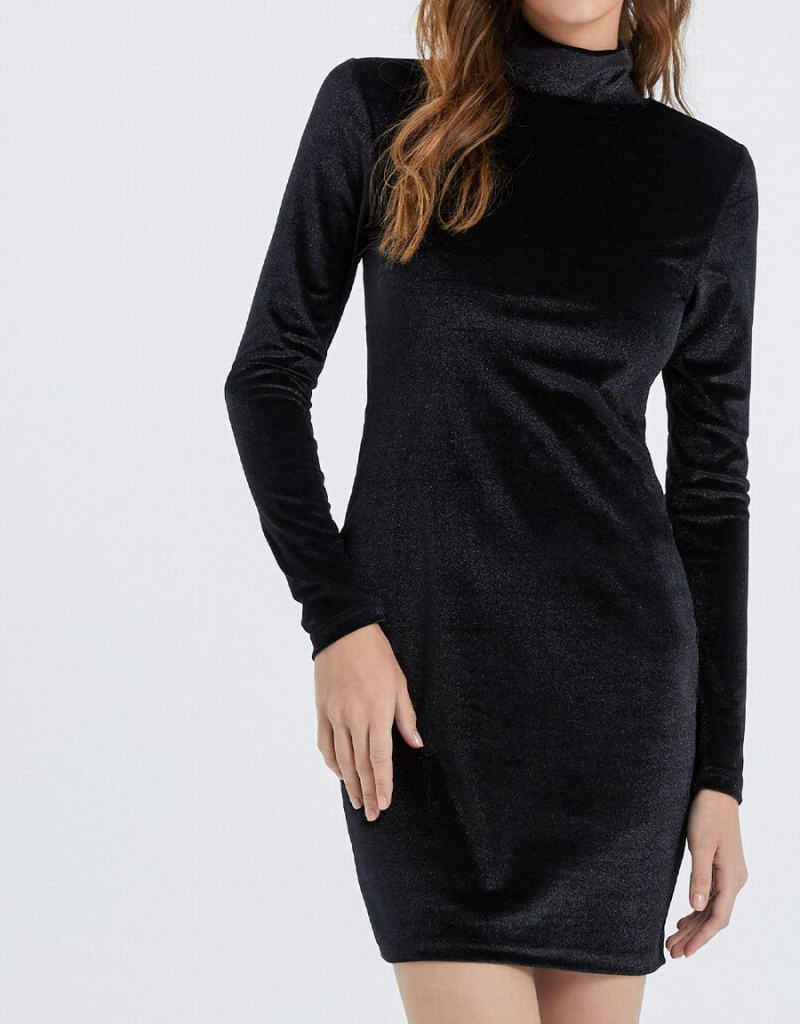 Black Women's Urban Revivo Velvet Turtle Neck Bodycon Dress | VRN4659CW