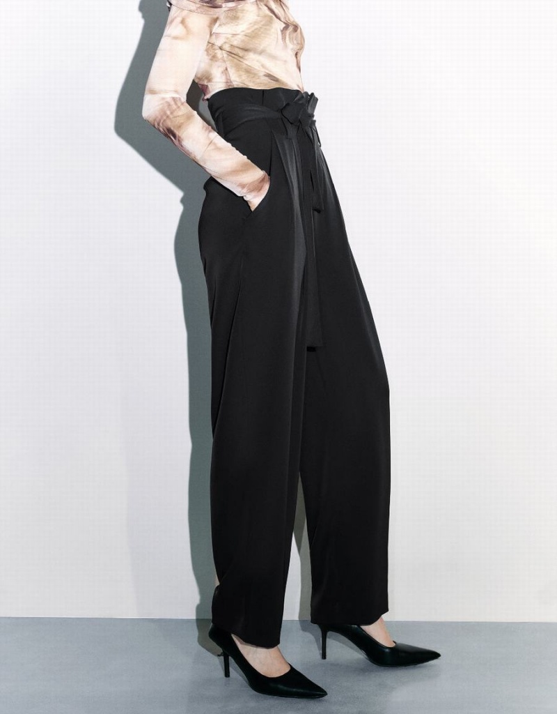 Black Women's Urban Revivo Wide-Leg With Belt Pants | CAK3760KJ