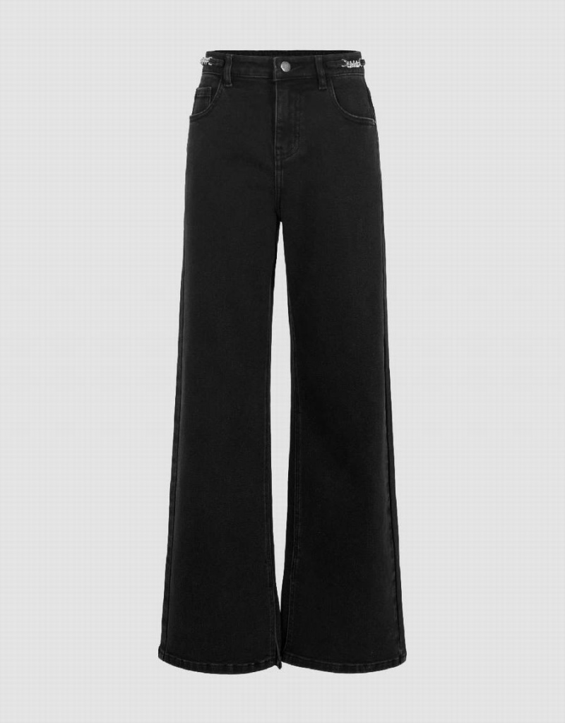 Black Women\'s Urban Revivo Wide-Leg With Chain Decor Jeans | QBN8389ZX