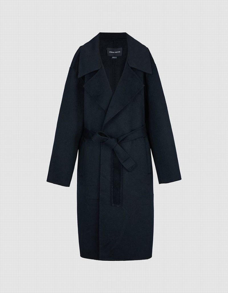 Black Women's Urban Revivo Woolen Long With Belt Coats | MVW178PL