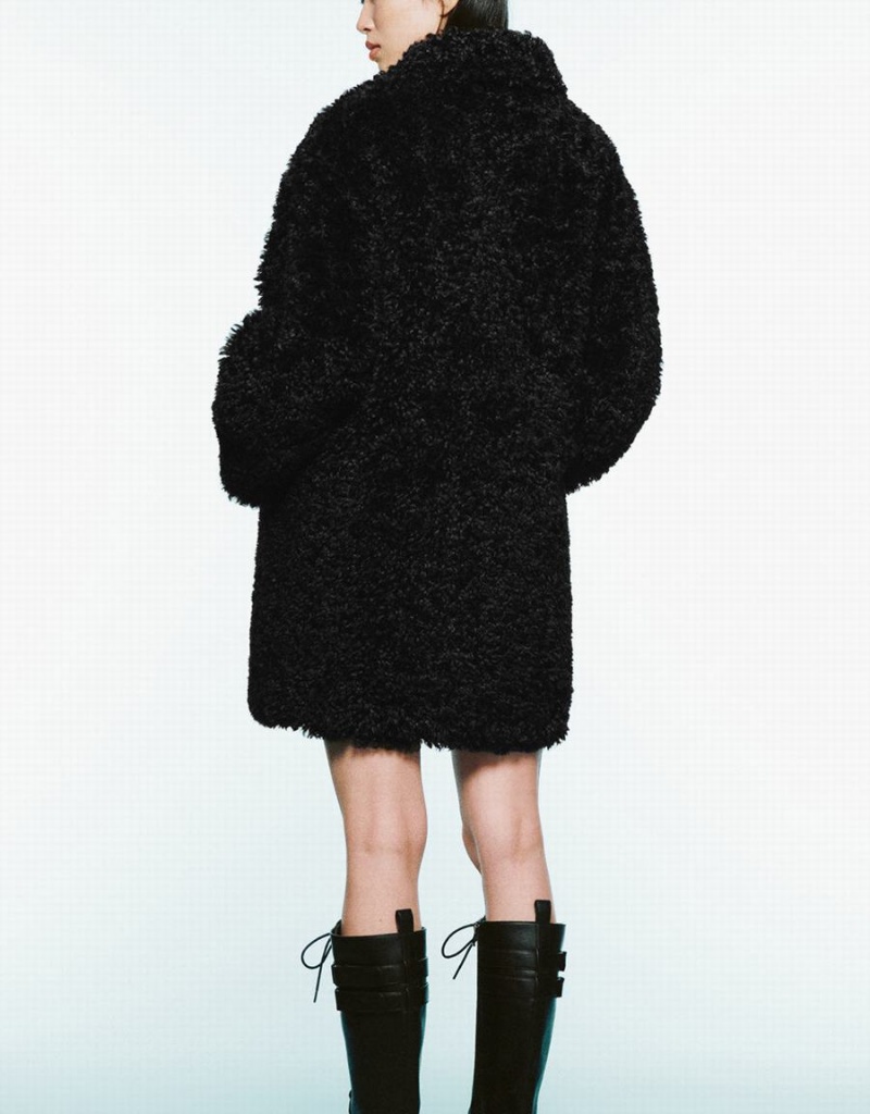 Black Women's Urban Revivo Zipper Front Straight Furry Coats | WQD7943MA