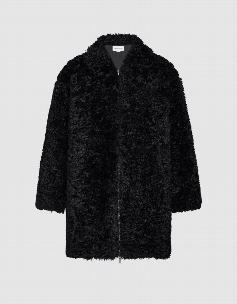 Black Women\'s Urban Revivo Zipper Front Straight Furry Coats | WQD7943MA