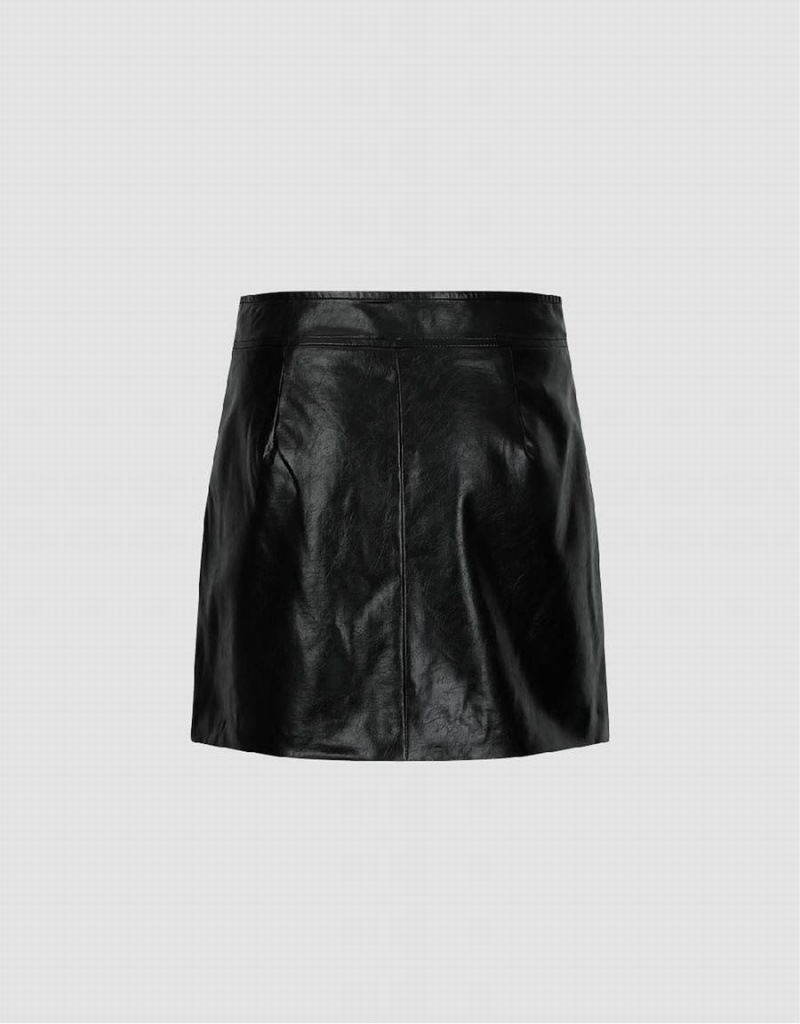 Black Women's Urban Revivo Zipper Front Vegan Leather Mini A-Line Skirts | YMA5930FW