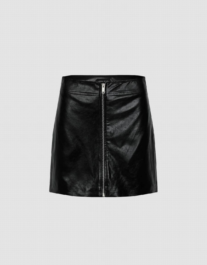 Black Women\'s Urban Revivo Zipper Front Vegan Leather Mini A-Line Skirts | YMA5930FW