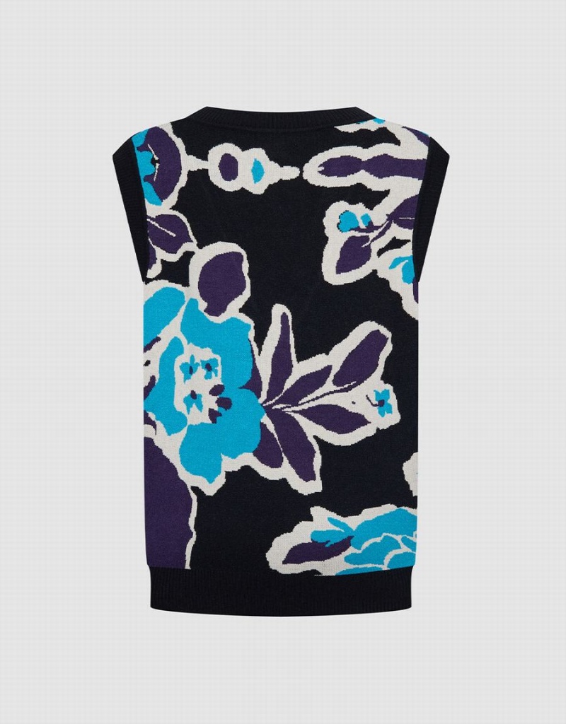 Blue Black Women's Urban Revivo Floral Jacquard Sweaters | XMH5110SQ