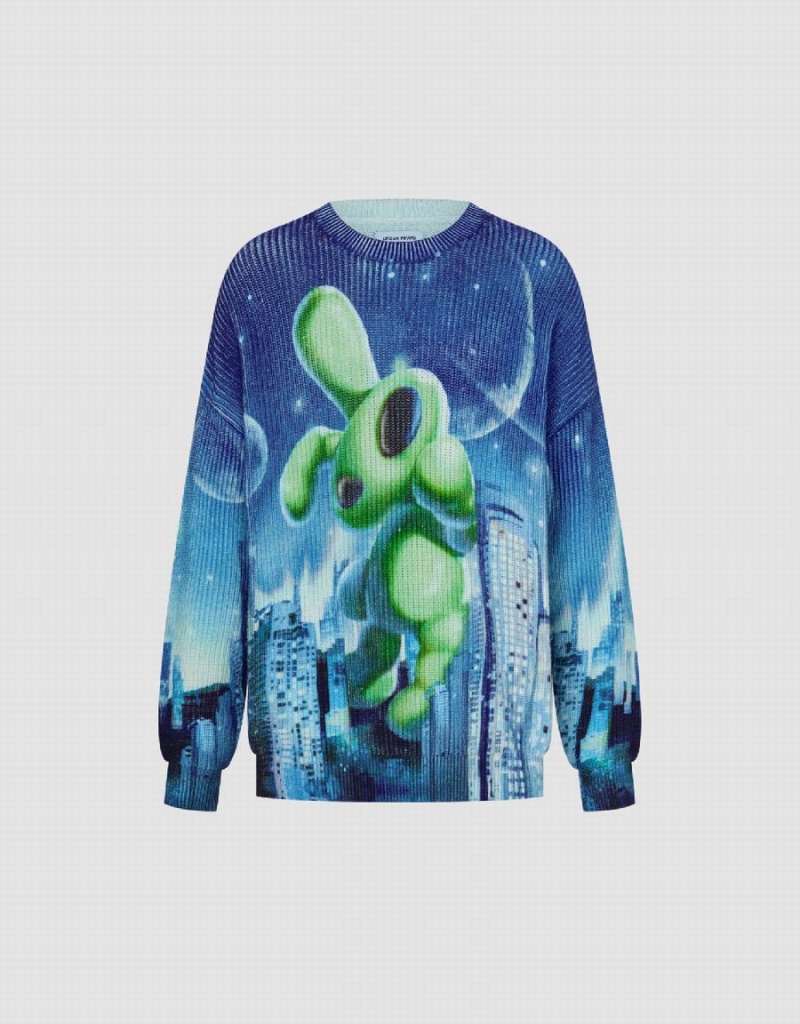 Blue Green Men's Urban Revivo Interstellar Bunny Printed Knitted Cardigan | KXL8254YF