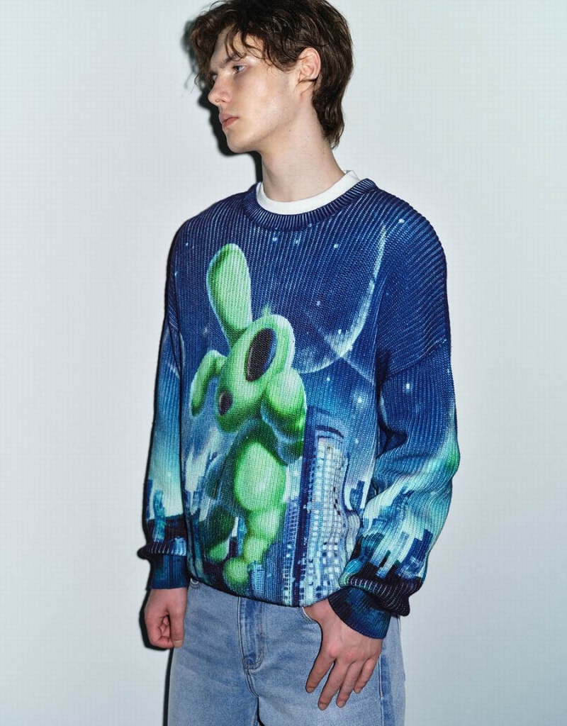 Blue Green Men's Urban Revivo Interstellar Bunny Printed Knitted Cardigan | KXL8254YF