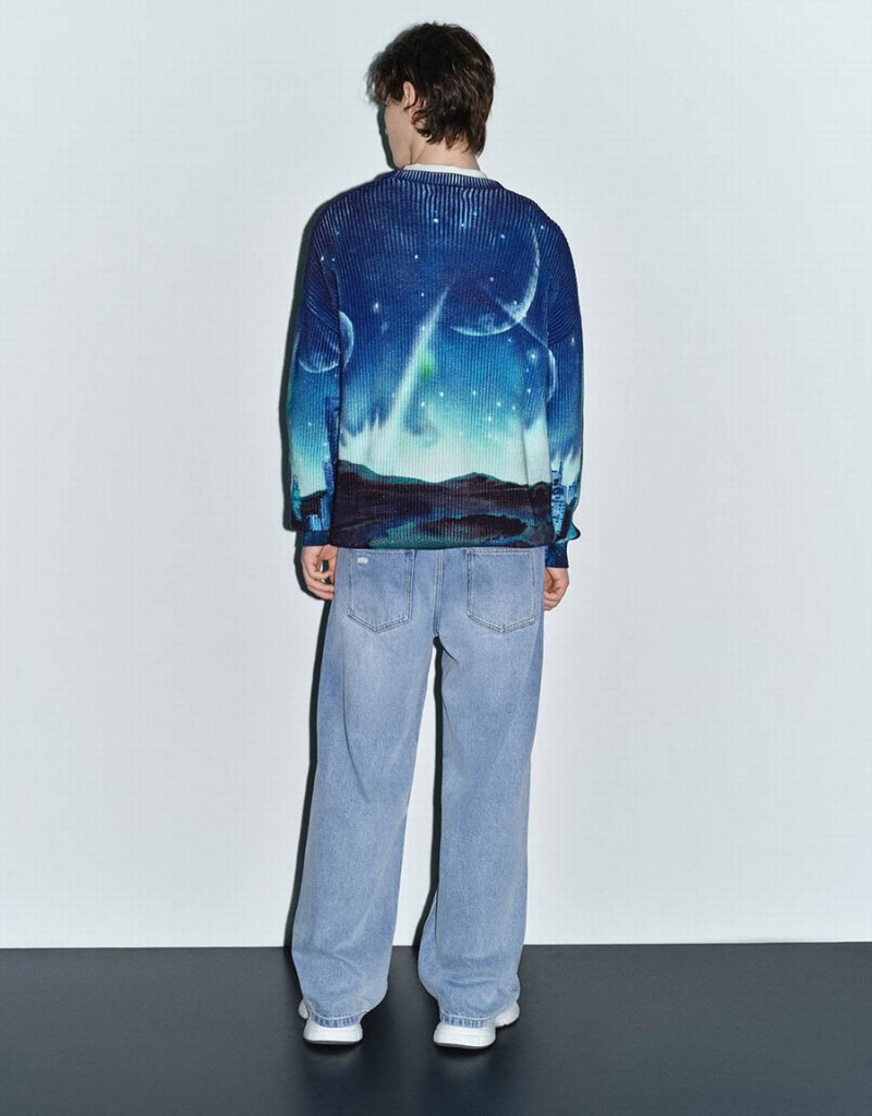 Blue Green Men's Urban Revivo Interstellar Bunny Printed Knitted Cardigan | KXL8254YF