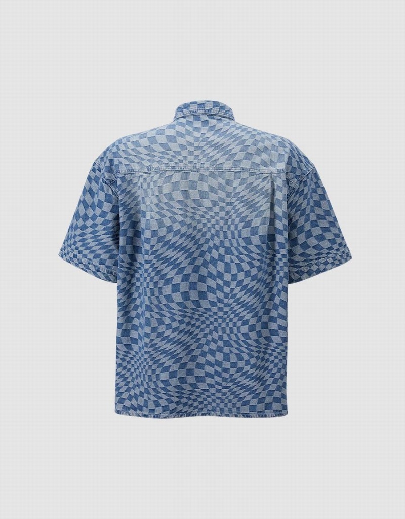 Blue Men's Urban Revivo Checkered Denim Shirts | BUP9079YP