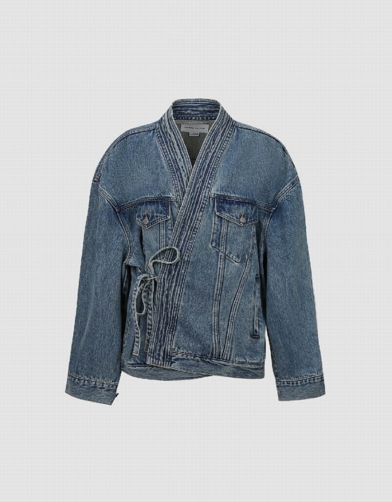 Blue Men's Urban Revivo Kimono Lapel Denim Jackets | WNJ7067RC