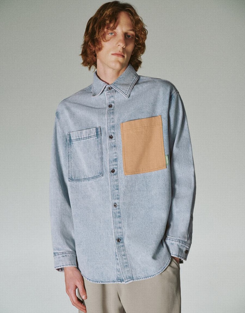 Blue Men\'s Urban Revivo Loose Denim Shirts | GER9770NW