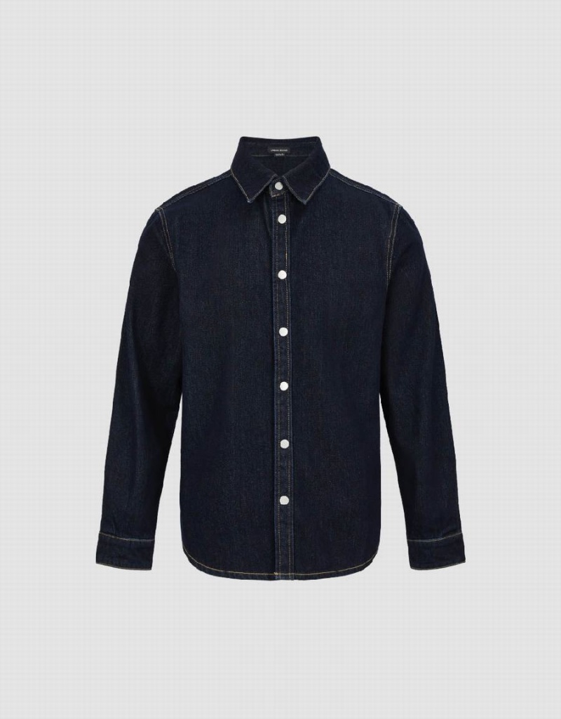 Blue Men's Urban Revivo Press Button Denim Shirts | MZI252JB