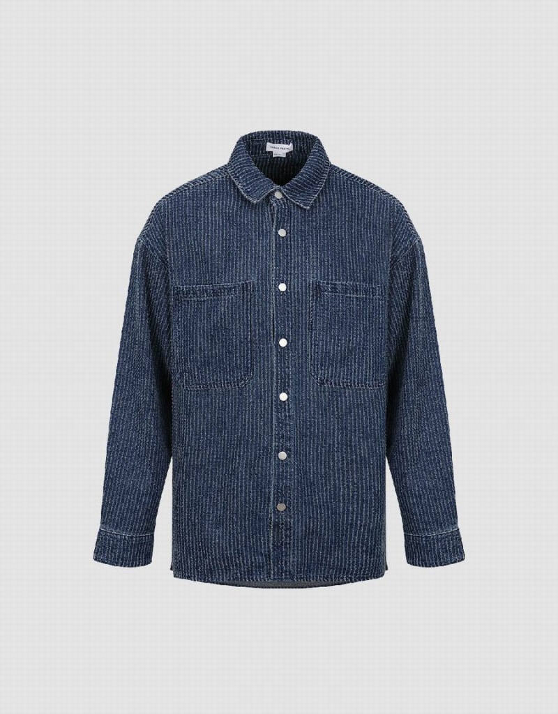 Blue Men's Urban Revivo Pressed Button Denim Shirts | JEG1237TH