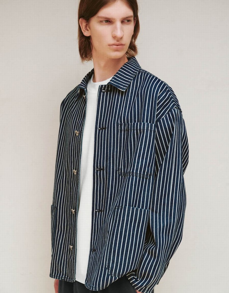 Blue Men's Urban Revivo Striped Denim Jackets | CSZ1936QF