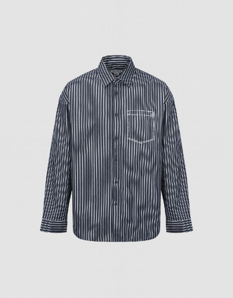 Blue Men's Urban Revivo Striped Loose Shirts | UMM4964HJ