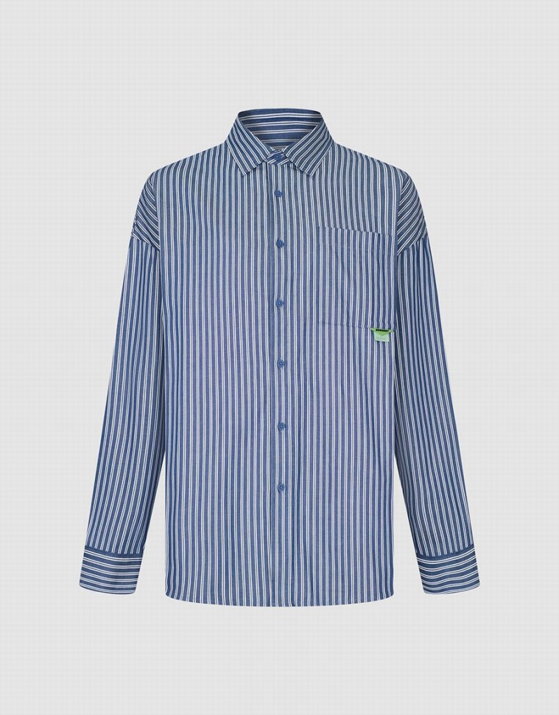 Blue Men's Urban Revivo Striped Oversized Shirts | IBT449TL