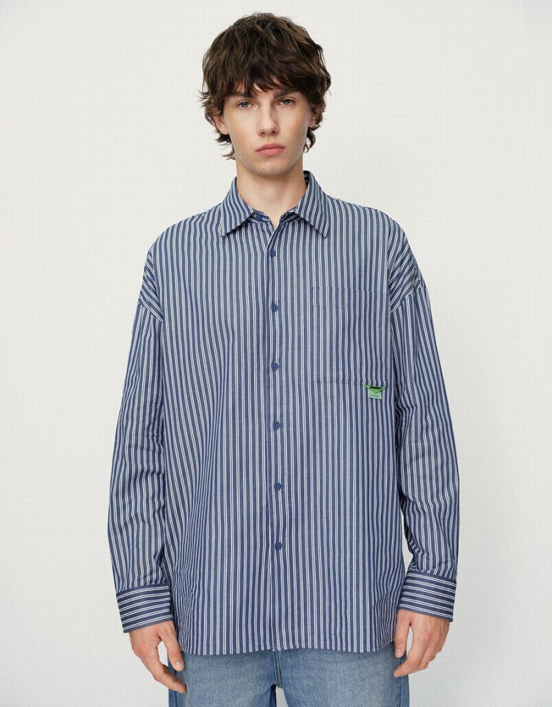 Blue Men\'s Urban Revivo Striped Oversized Shirts | IBT449TL