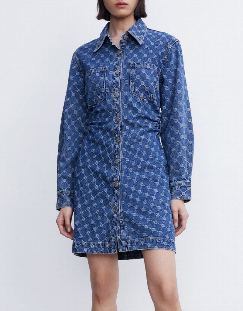 Blue Women's Urban Revivo Allover Jacquard Ruched Button Up Denim Dress | LOF154XM