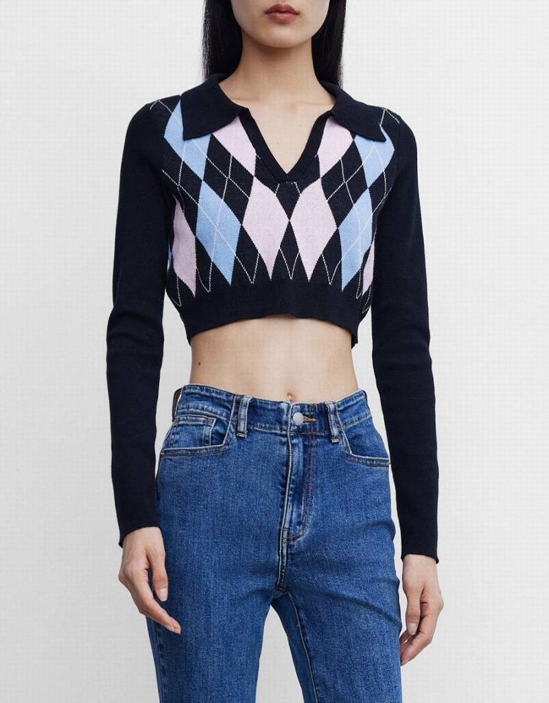 Blue Women's Urban Revivo Argyle Crop Checkered Sweaters | UMX3584YM