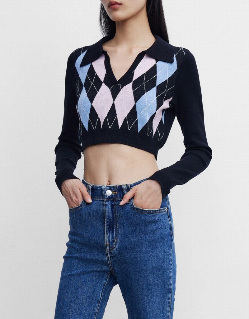 Blue Women's Urban Revivo Argyle Crop Checkered Sweaters | UMX3584YM