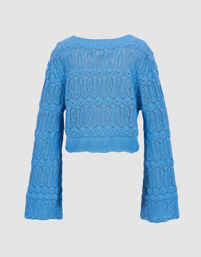 Blue Women's Urban Revivo Bell Sleeve Pointelle Knit Top Cardigan | FCY7370NN