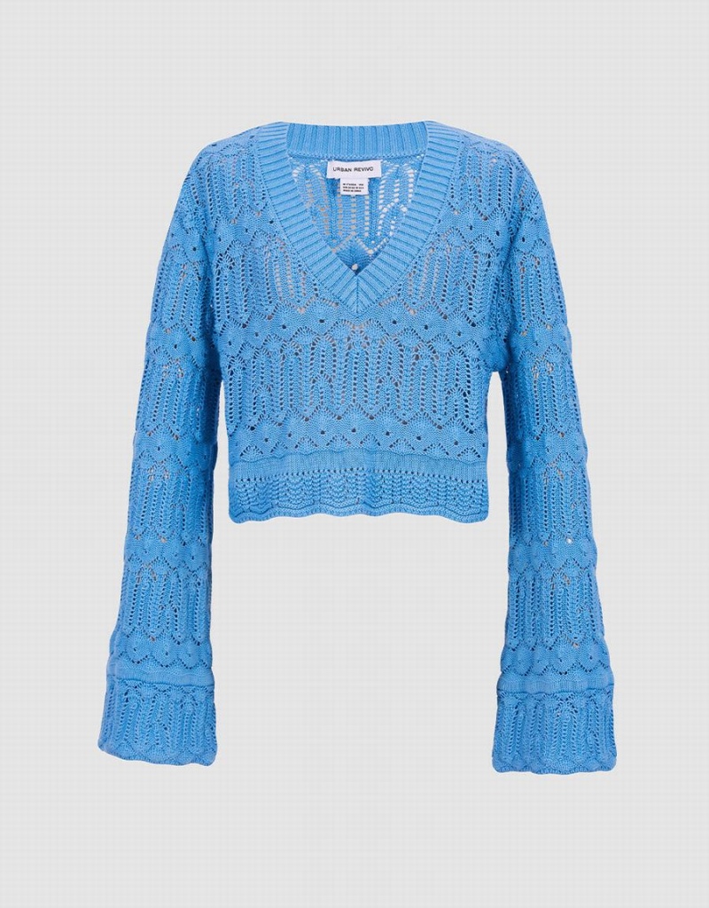 Blue Women\'s Urban Revivo Bell Sleeve Pointelle Knit Top Cardigan | FCY7370NN