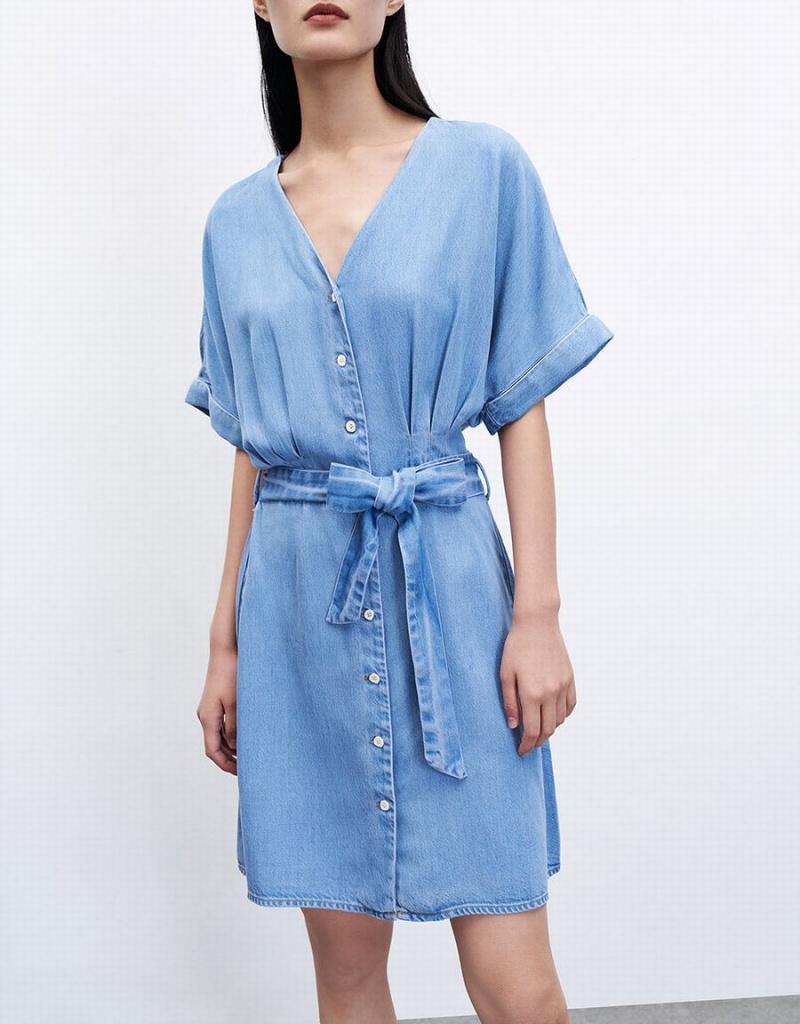 Blue Women's Urban Revivo Button Front Belted Denim Dress | DAL8197BP