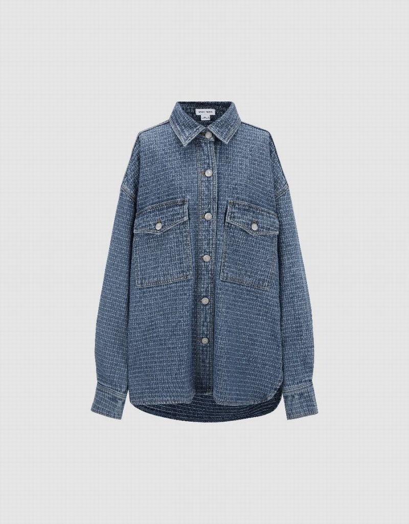 Blue Women's Urban Revivo Button Up Denim Shirts | PVJ799HA