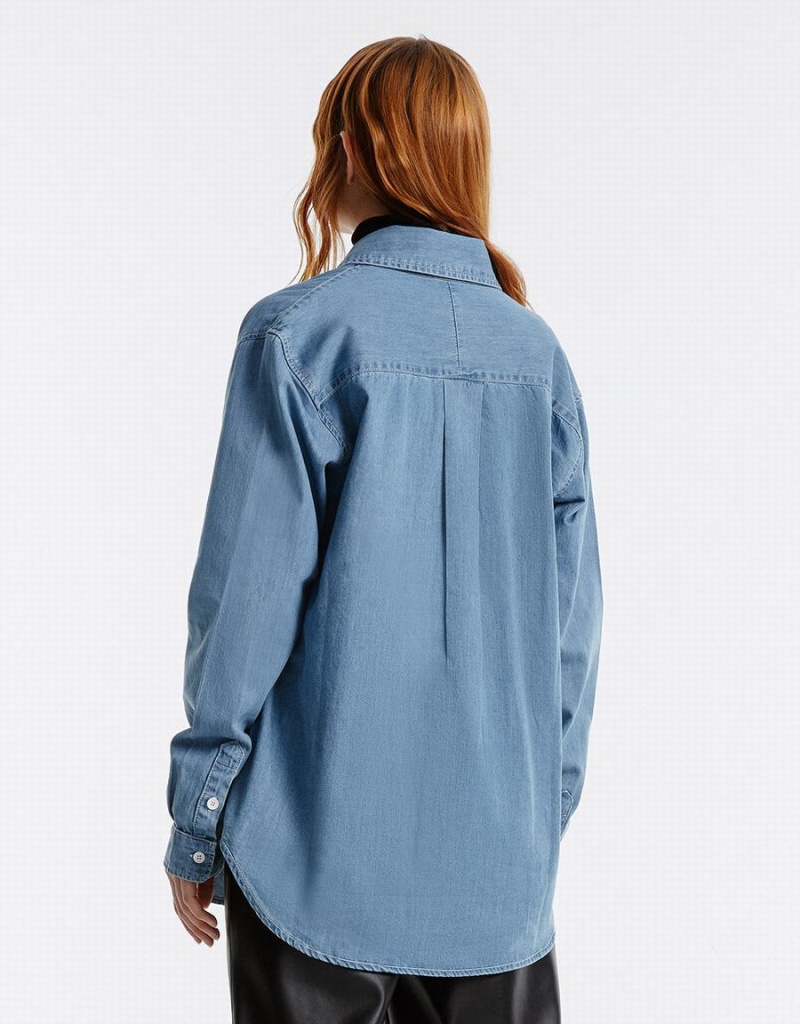 Blue Women's Urban Revivo Button Up Denim Shirts | YDR3282WK