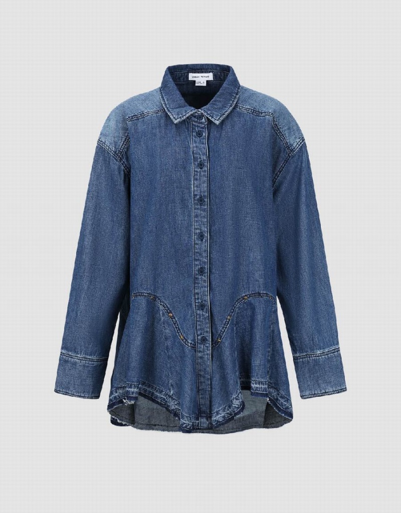 Blue Women's Urban Revivo Button Up Loose Denim Shirts | JWP6754JU