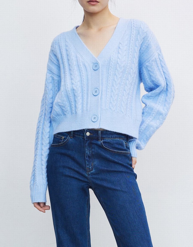 Blue Women's Urban Revivo Cable Knit Button Up Cardigan | OVX7389NA