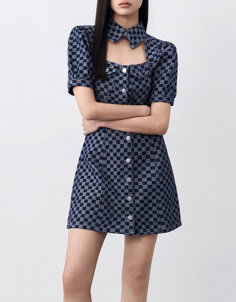 Blue Women's Urban Revivo Checkered Cut Out Front Denim Dress | KUJ9726ST