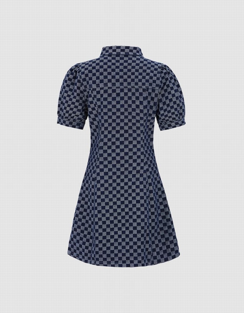 Blue Women's Urban Revivo Checkered Cut Out Front Denim Dress | KUJ9726ST