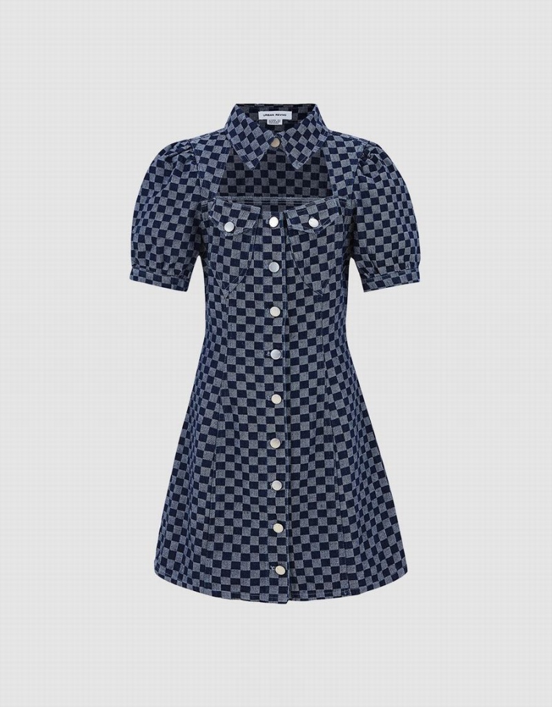 Blue Women\'s Urban Revivo Checkered Cut Out Front Denim Dress | KUJ9726ST