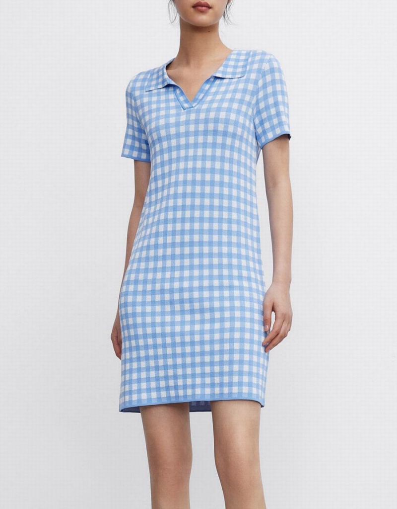 Blue Women's Urban Revivo Checkered Knitted Mini Checkered Dress | XTN8829RB